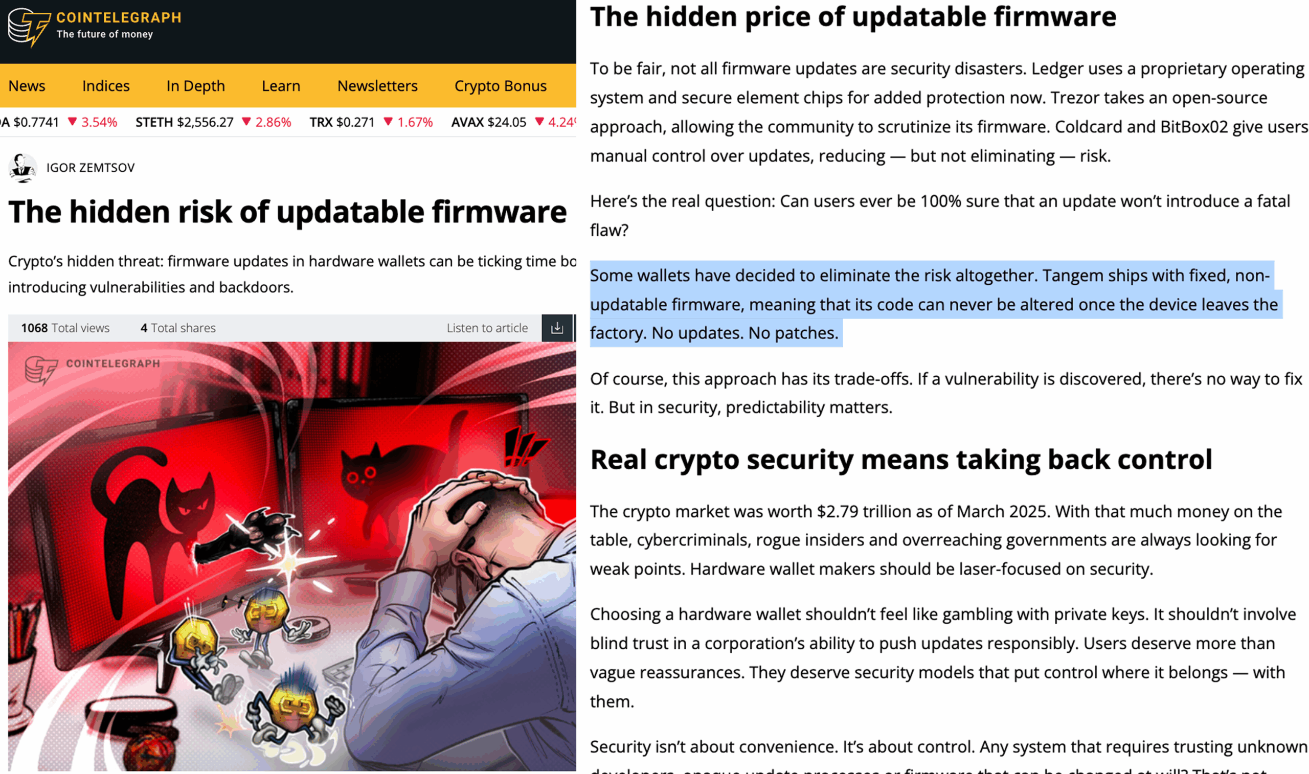 Cointelegraph Tangem The hidden risk of updatable firmware