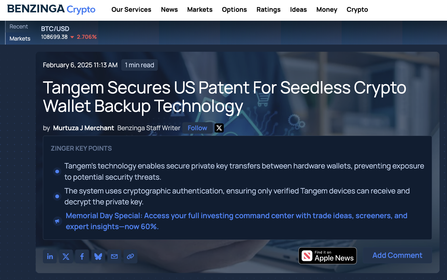 BENZINGA Tangem Tangem Secures US Patent For Seedless Crypto Wallet Backup Technology